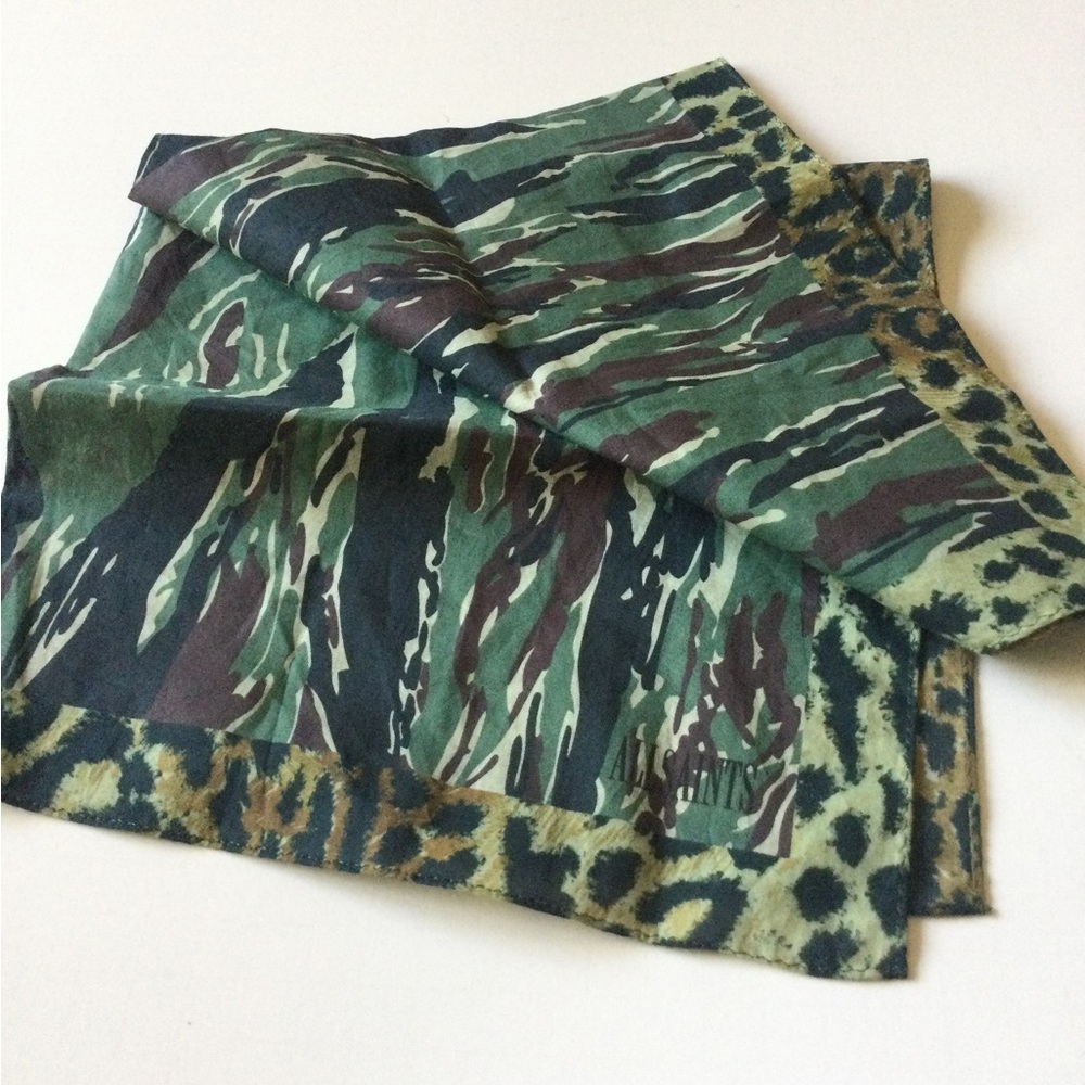 ALLSAINTS FELIDA ORGANIC COTTON CAMO PRINT BANDANA SCARF GREEN NWOT